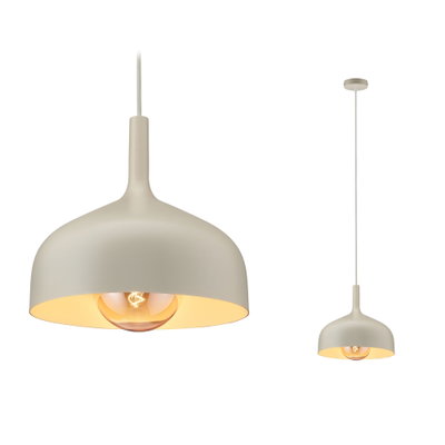 Moderne Pendelleuchte aus mattem beige Metall mit warmem Licht und sichtbarer Glühbirne