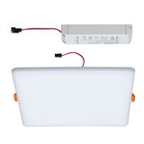 Rectangular white LED recessed panel with matching white driver and connection cables for indoor lighting