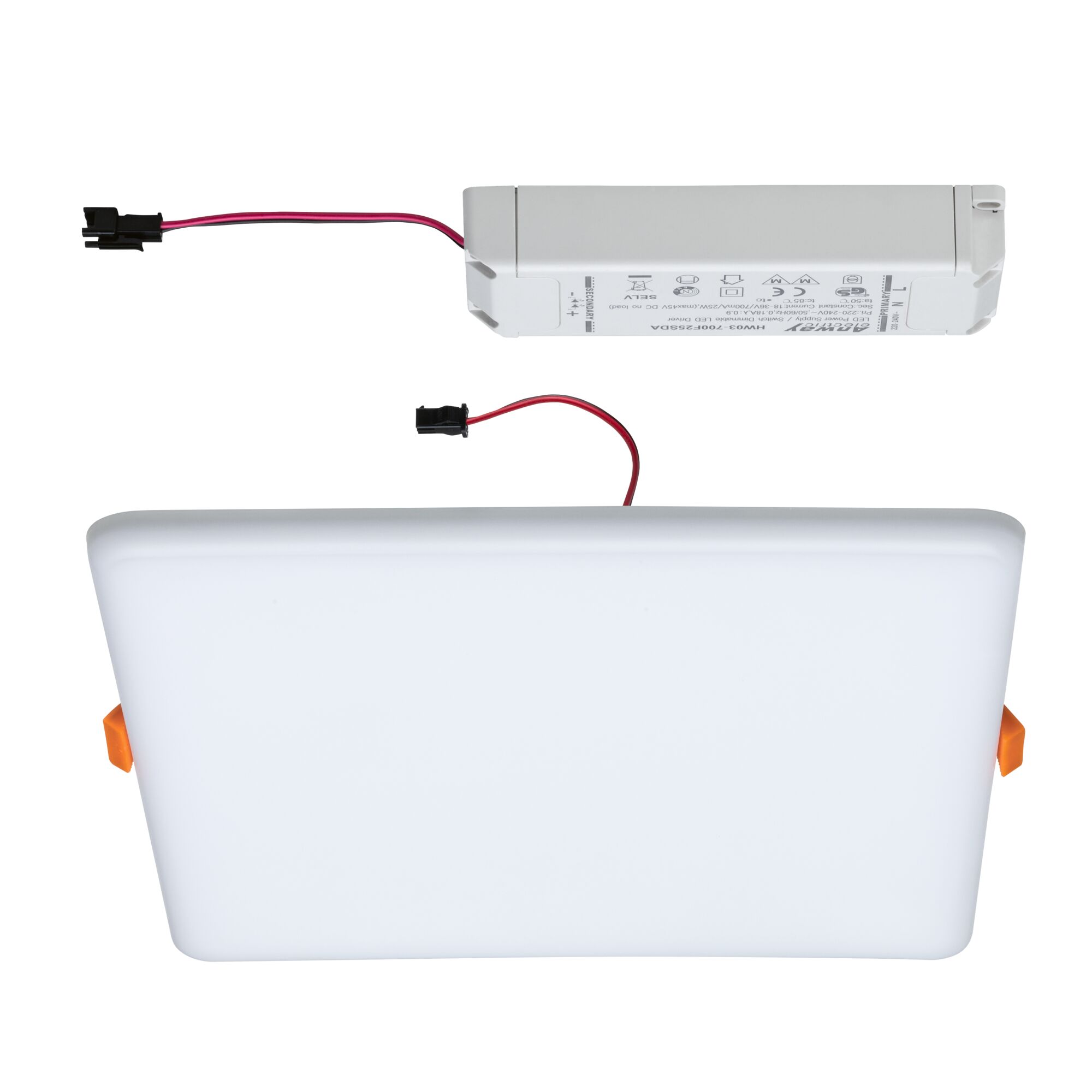 Rectangular white LED recessed panel with matching white driver and connection cables for indoor lighting