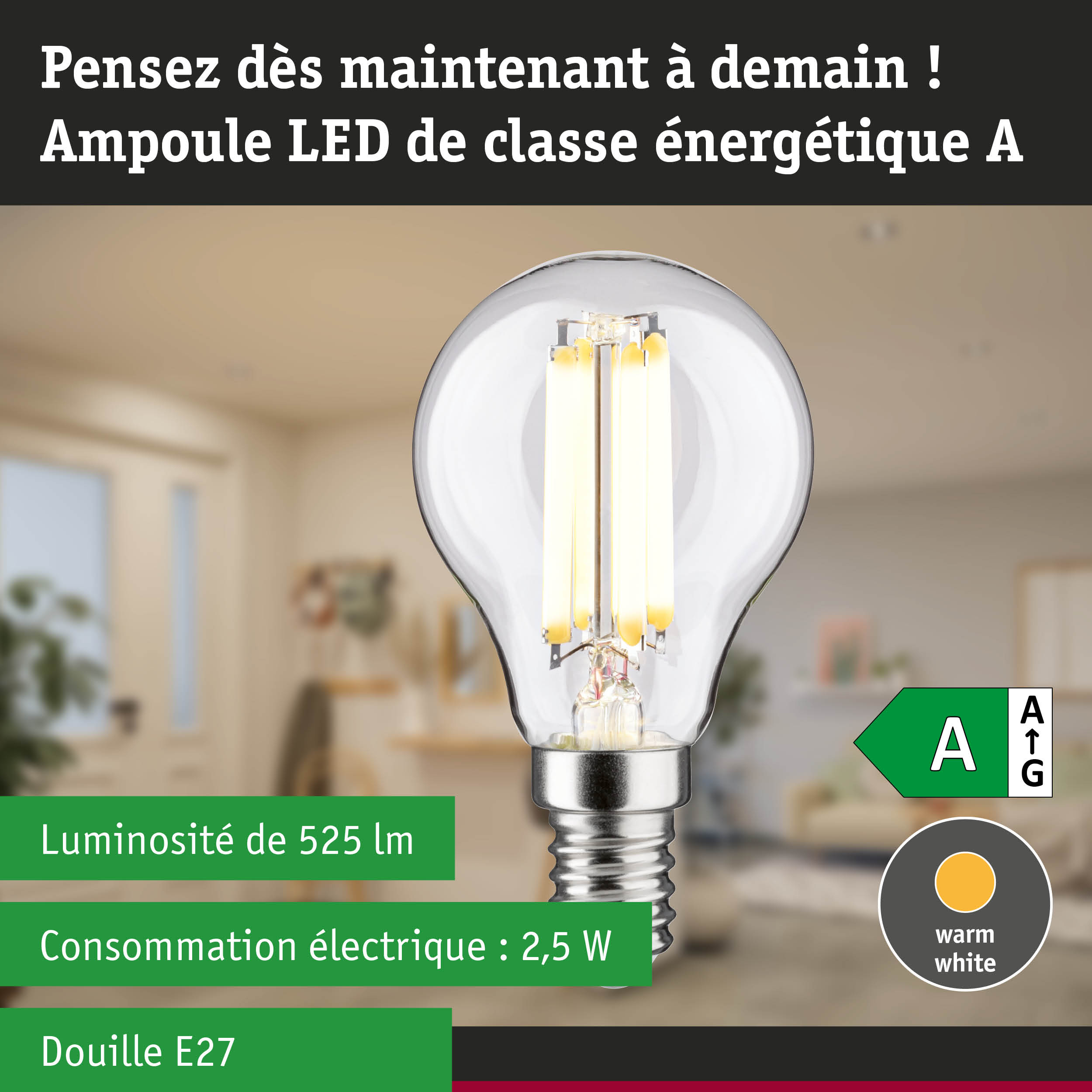 Ampoule LED à lumière blanc chaud et ultra-efficace sur fond de forêt verte floue