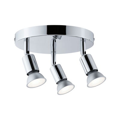 Runder Deckenstrahler aus Chrom mit drei verstellbaren LED-Spots für moderne Raumbeleuchtung