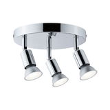 Rund loftlampe i krom med tre justerbare LED-spotlights til moderne belysning