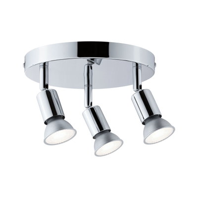 Round chrome ceiling light with three adjustable LED spotlights for modern room lighting