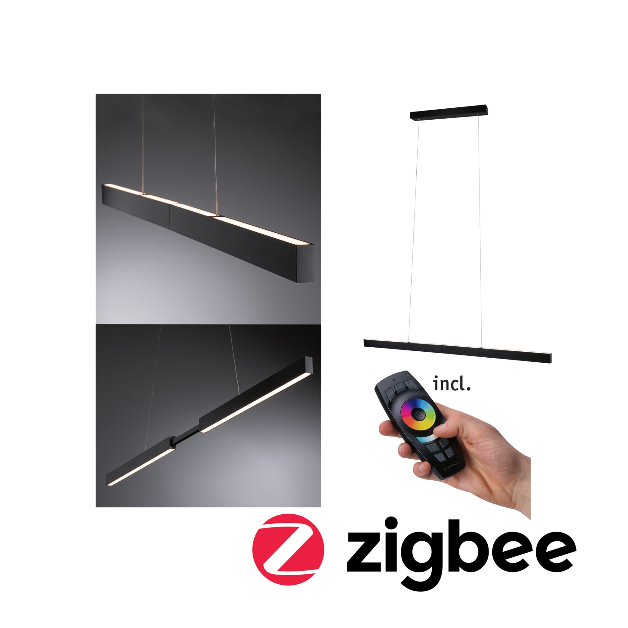 LED-pendelarmatur Smart Home Zigbee 3.0 Aptare 2700K dæmpbar 2x2400lm 2x18W Børstet sort Sort metal LED-pendel med fjernbetjening og Zigbee til smart belysning