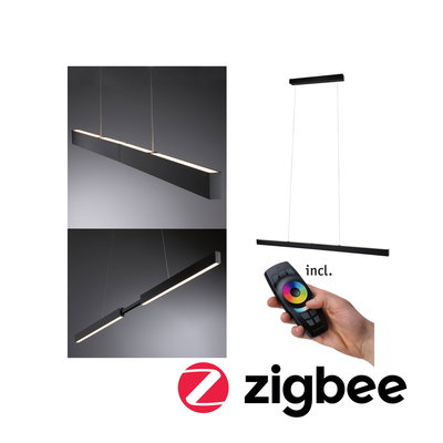 Black metal LED pendant light with remote control and Zigbee for smart home lighting solutions