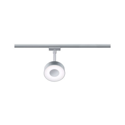 Moderner runder LED-Schienenstrahler in Aluminiumfarben mit weißem Licht für flexible Raumbeleuchtung