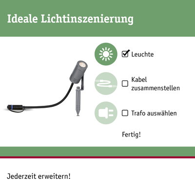 Graue LED-Außenleuchte mit Erdspieß und Kabelanschluss für Gartenbeleuchtung und Lichtinszenierung