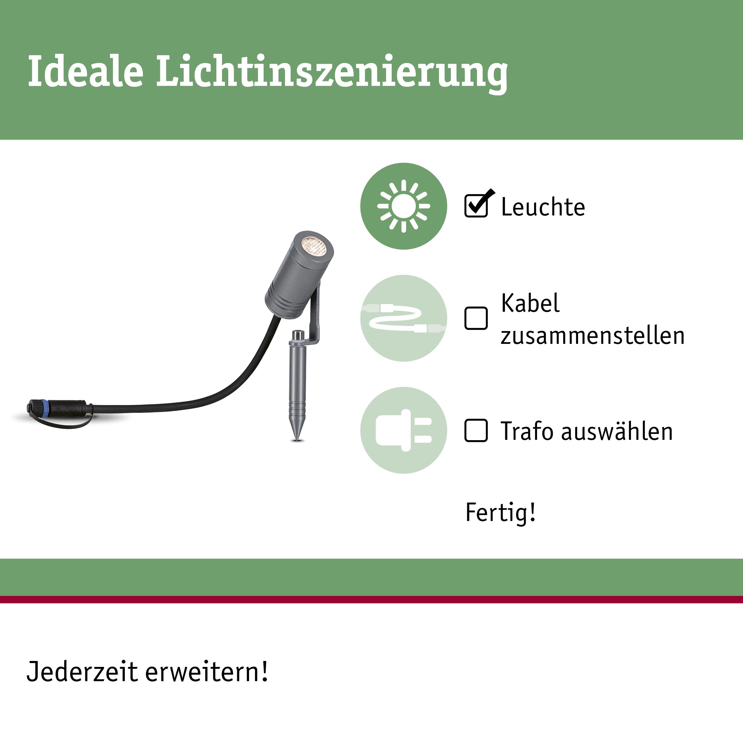 Graue LED-Außenleuchte mit Erdspieß und Kabelanschluss für Gartenbeleuchtung und Lichtinszenierung