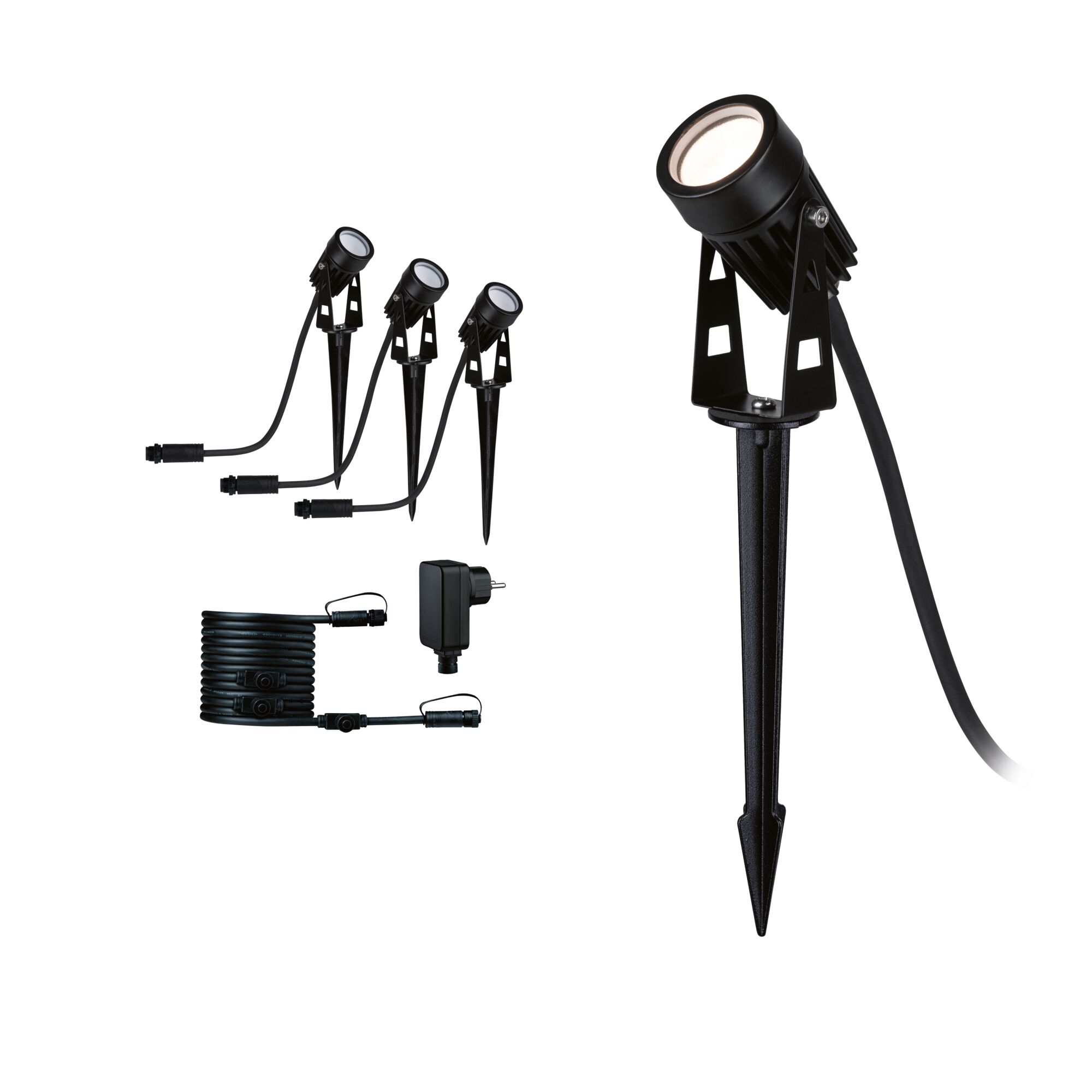Plug & Shine LED Garden reflektor Teplá bílá Základní sada IP65 3000K 3x2W 21VA Černá Set aus vier schwarzen LED-Gartenstrahlern mit Erdspießen und Anschlusskabel für Außenbeleuchtung