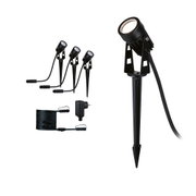 Set of four black LED garden spotlights with ground spikes and cable for outdoor lighting