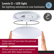 Leonis II LED ceiling light with white plastic diffuser and IK03 impact resistance