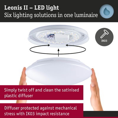 Leonis II LED ceiling light with satin plastic diffuser and IK03 impact resistance for durable lighting solution