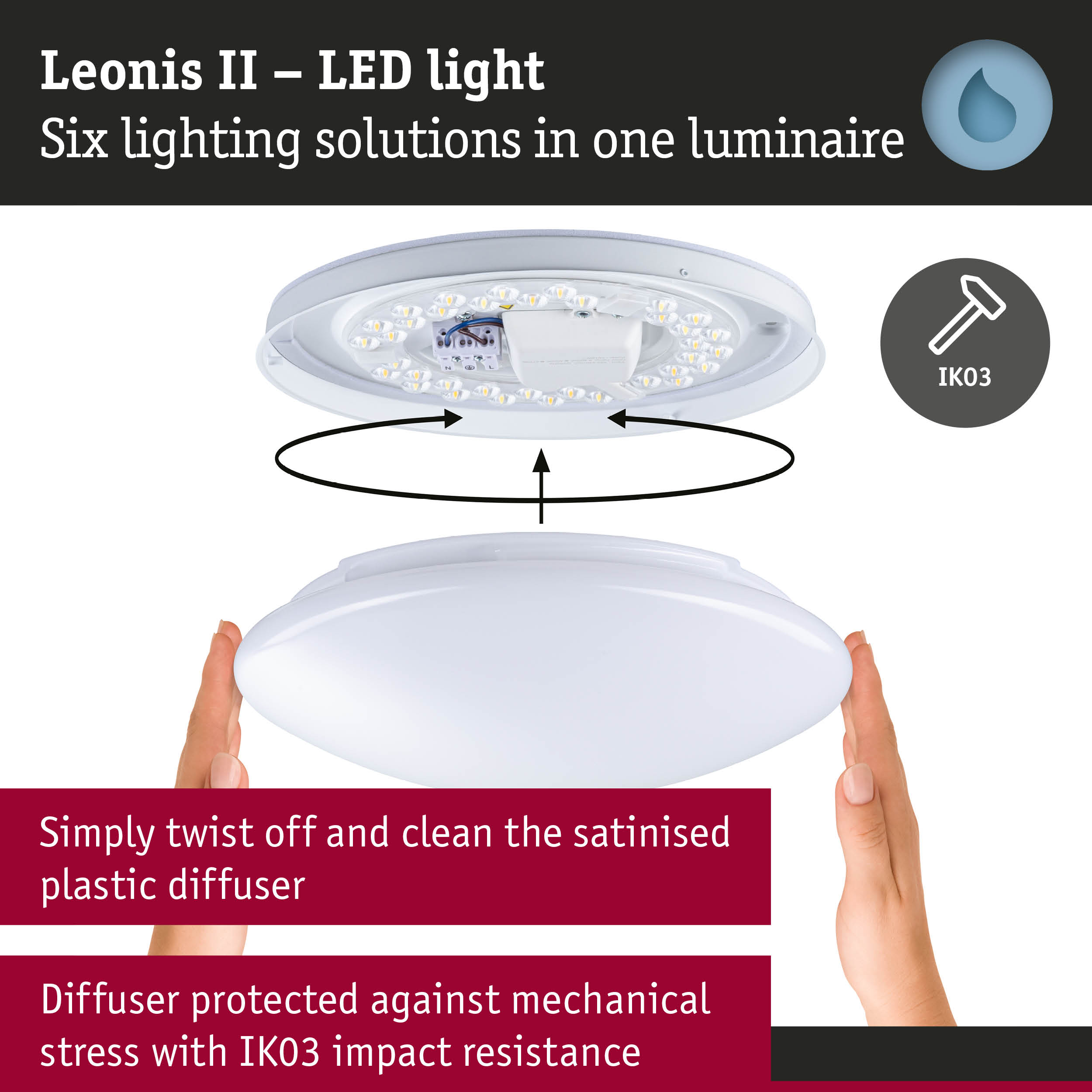 Leonis II LED ceiling light with white plastic diffuser and IK03 impact resistance