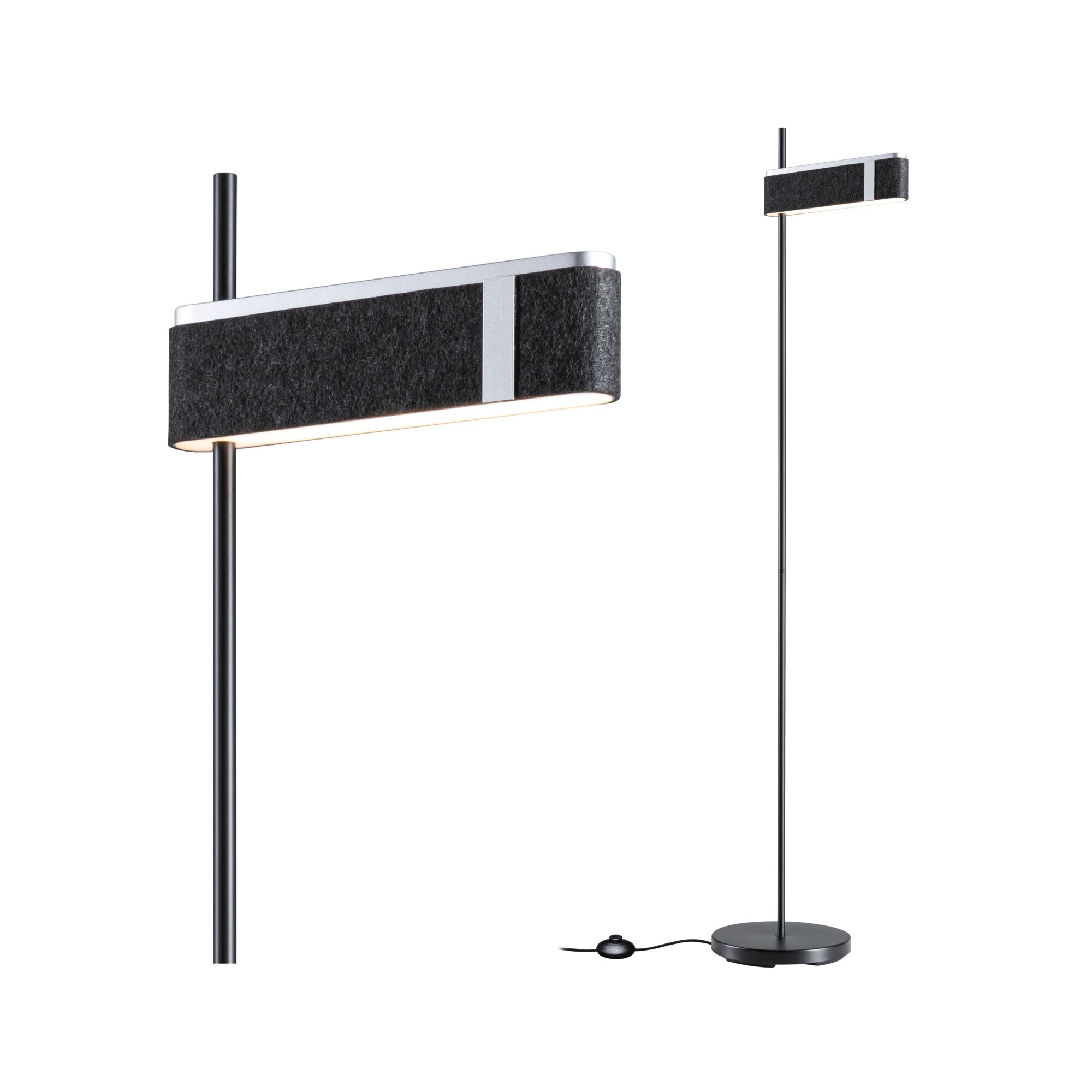 Moderne vloerlamp met zwarte vilten kap en metalen frame, dimbare LED-verlichting voor woonkamer.