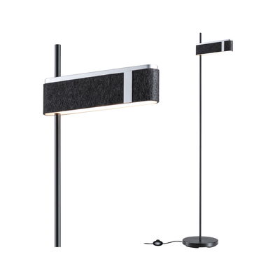 Moderne vloerlamp met zwarte vilten kap en metalen frame, dimbare LED-verlichting voor woonkamer.