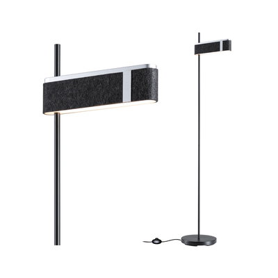 Lampadaire moderne avec abat-jour en feutre noir et structure métallique, lampe LED dimmable.