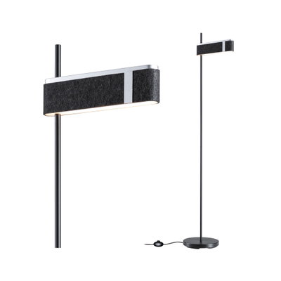 Lampadaire moderne avec abat-jour en feutre noir et structure métallique, lampe LED dimmable.