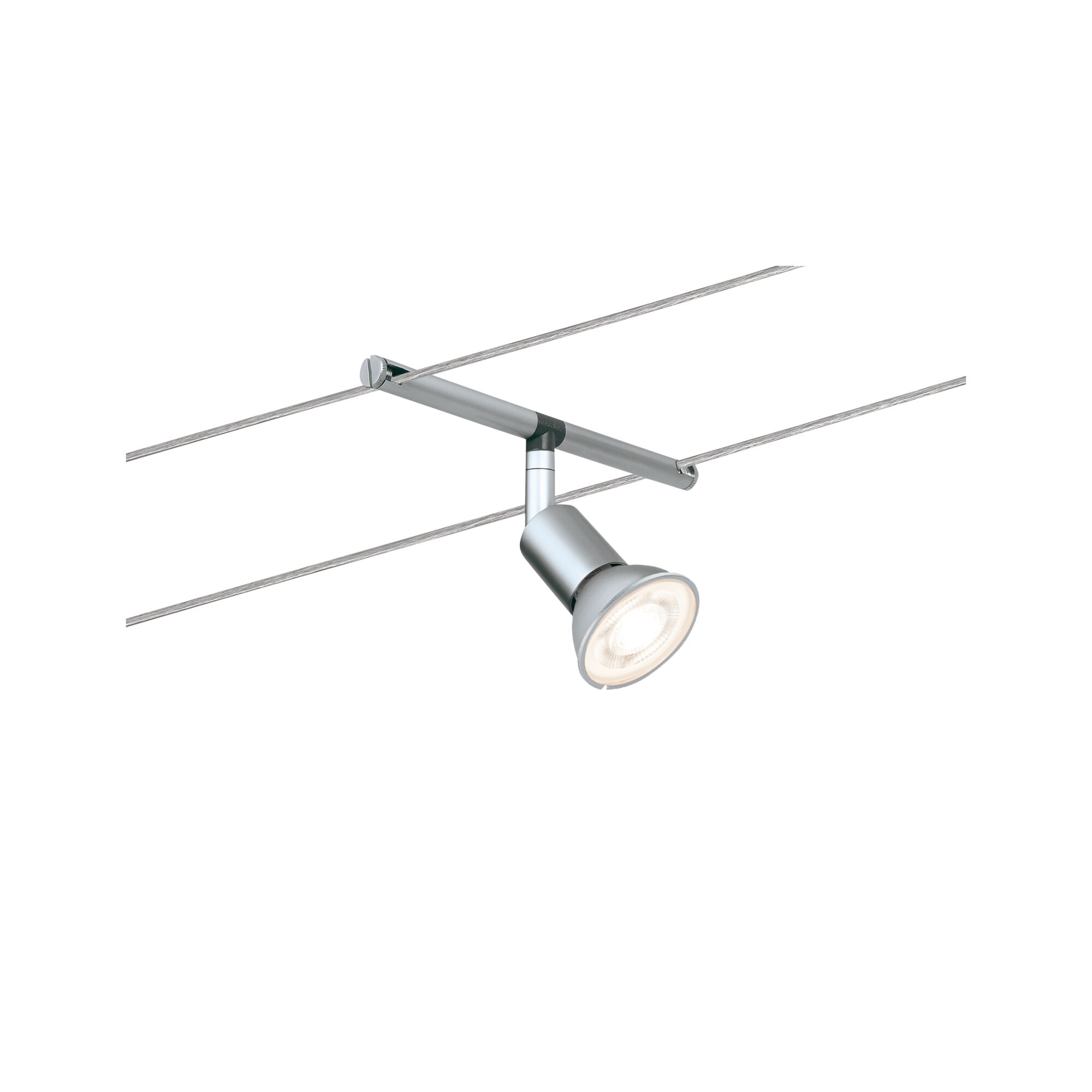 Silberner LED-Seilstrahler aus Metall mit verstellbarem Spot für moderne Beleuchtungssysteme