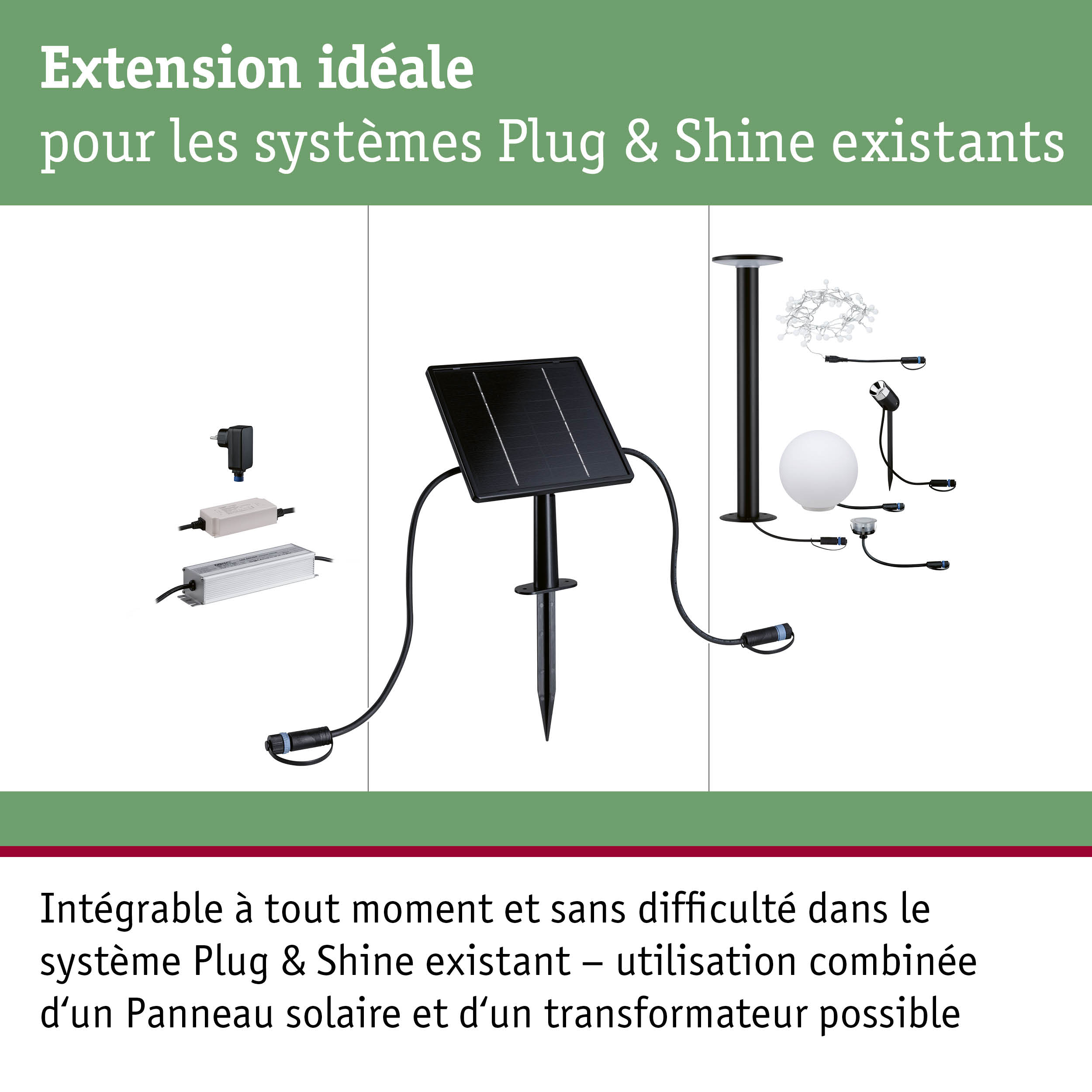 Panneau solaire noir avec piquet de terre et câbles pour extension système d'éclairage Plug & Shine