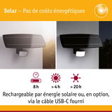 Lampe solaire noire avec détecteur de mouvement sur mur, jour et nuit, rechargeable par câble USB-C
