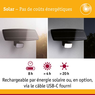 Lampe solaire noire avec détecteur de mouvement sur mur, jour et nuit, rechargeable par câble USB-C