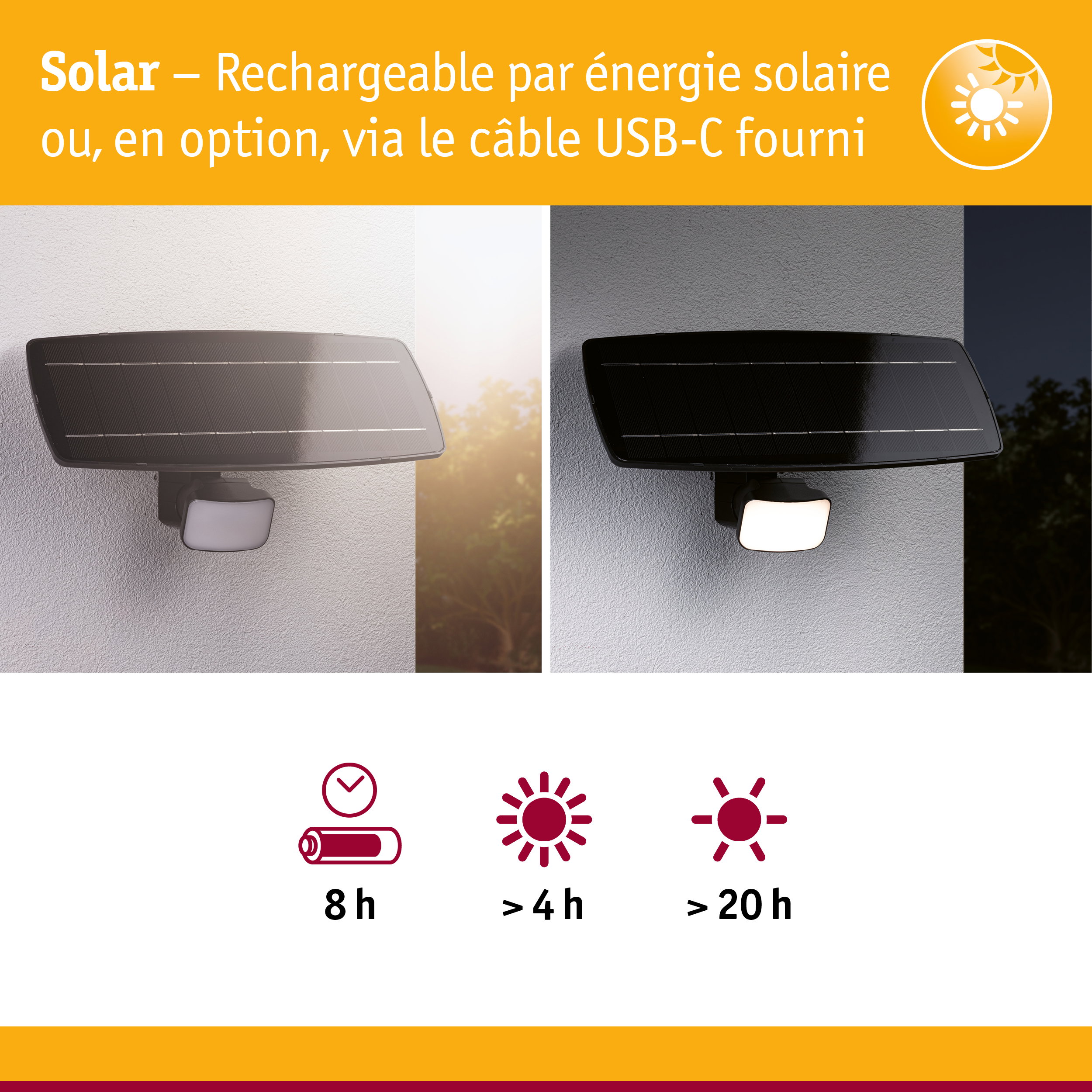 Éclairage extérieur solaire avec panneau solaire noir sur mur blanc, vue de jour et de nuit