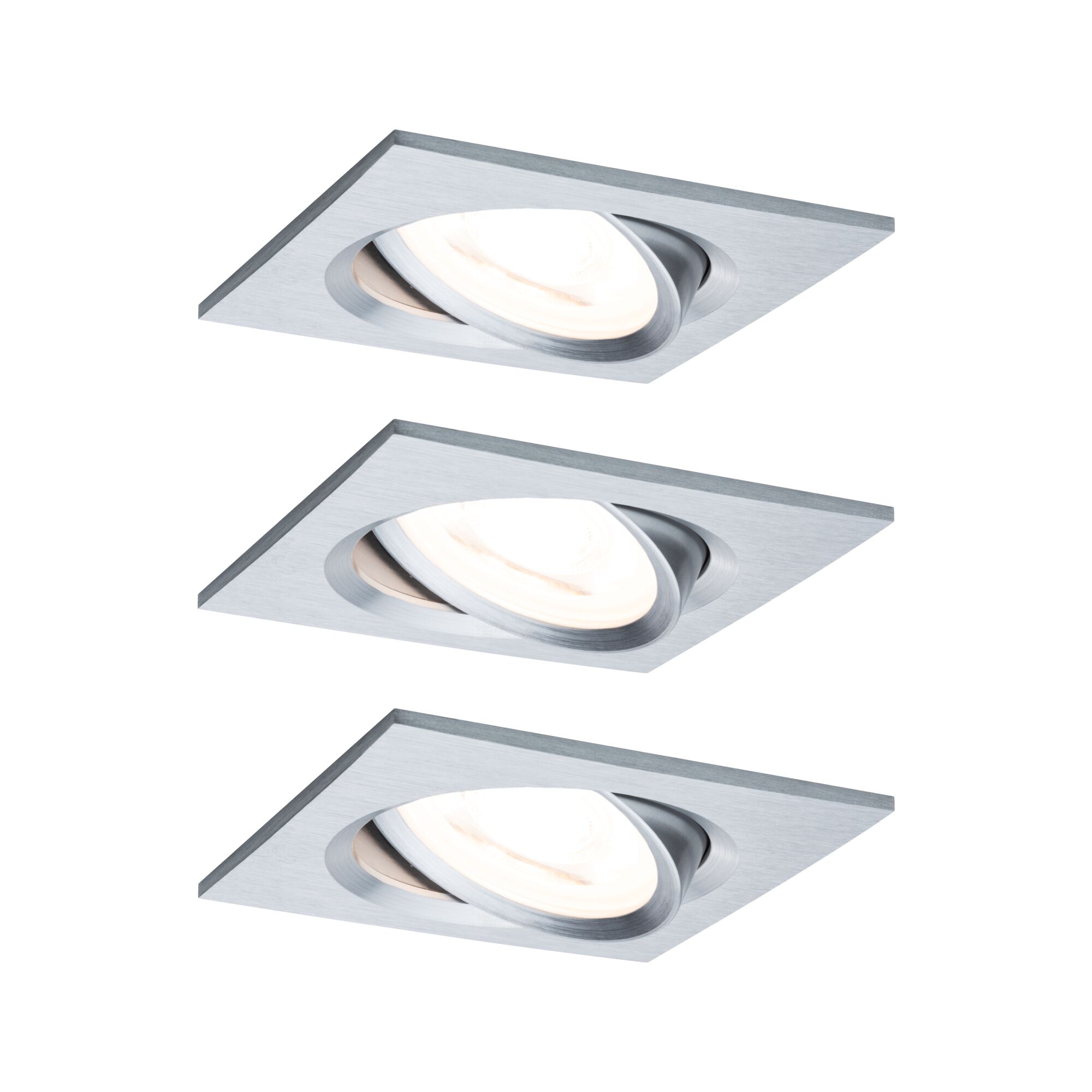 Drie vierkante inbouwspots van geborsteld zilverkleurig aluminium voor moderne LED-verlichting.