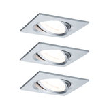 Three square recessed spotlights in brushed silver aluminum for modern LED lighting solutions.