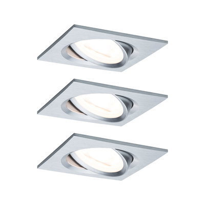 Three square recessed spotlights in brushed silver aluminum for modern LED lighting solutions.