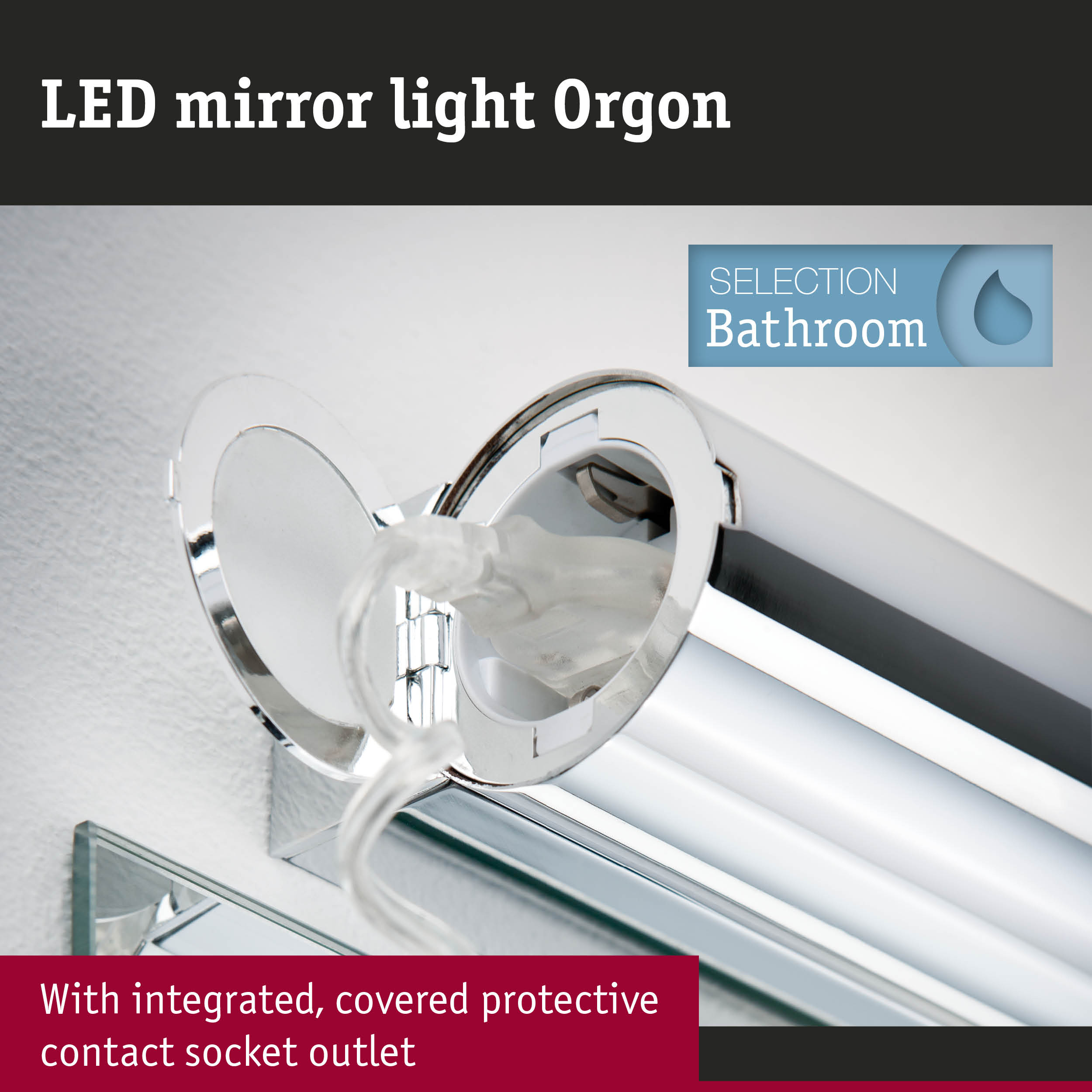 Orgon LED mirror light in chrome with integrated covered protective socket outlet for bathroom use