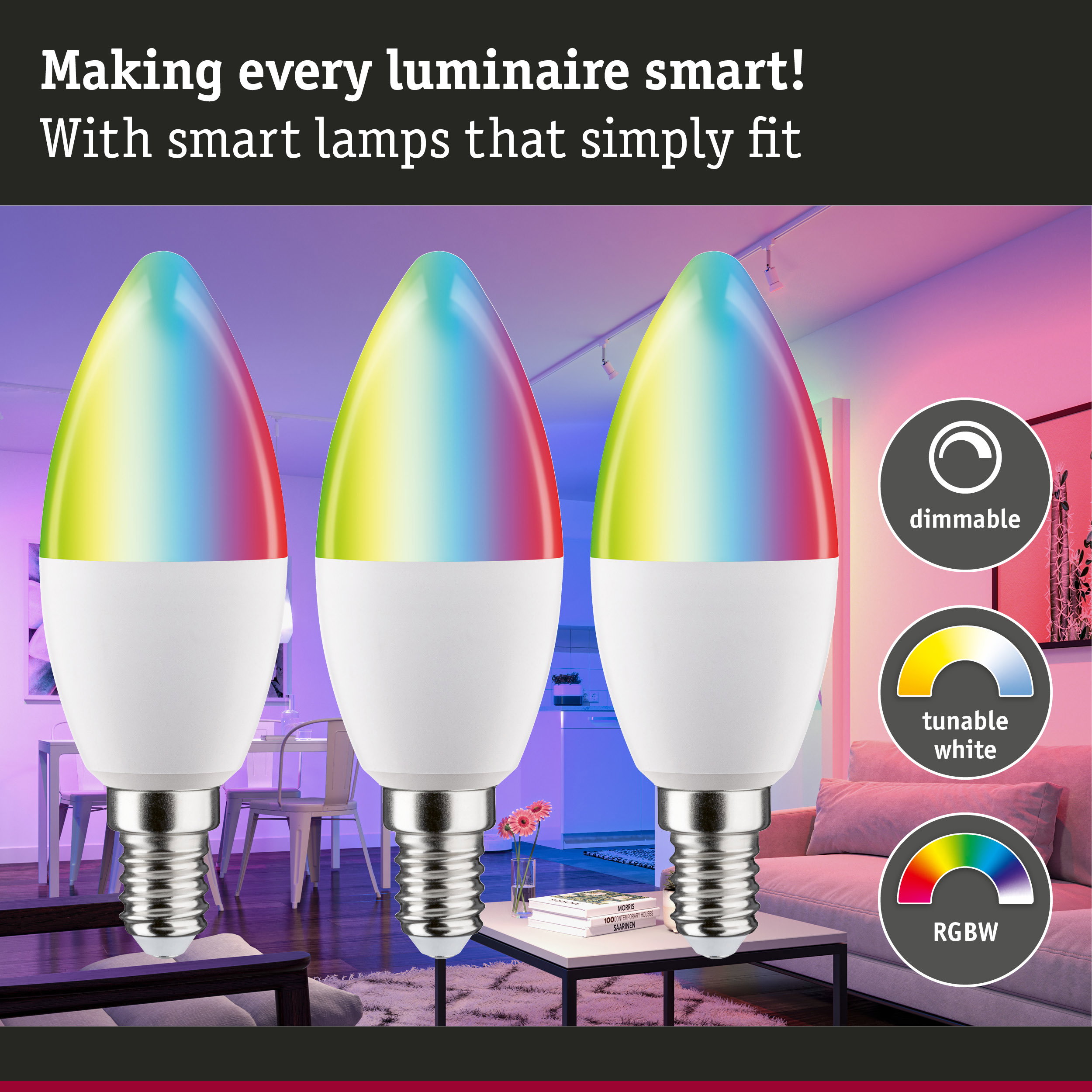 Three dimmable tunable white LED bulbs with RGBW color change for smart living room lighting