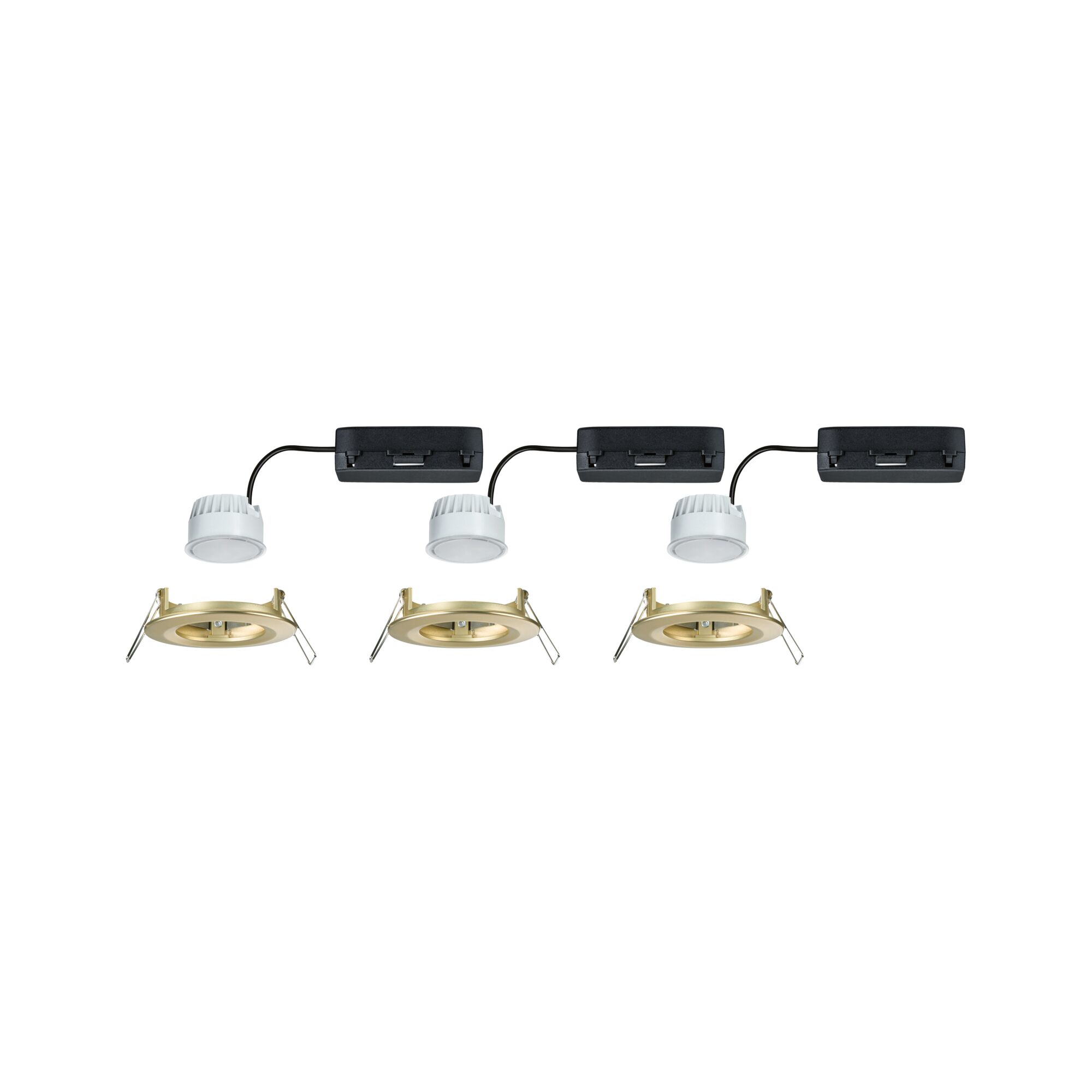 Drie gouden inbouwframes met witte LED-modules en zwarte aansluitdozen voor LED-inbouwspots