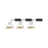 Drie gouden inbouwframes met witte LED-modules en zwarte aansluitdozen voor LED-inbouwspots
