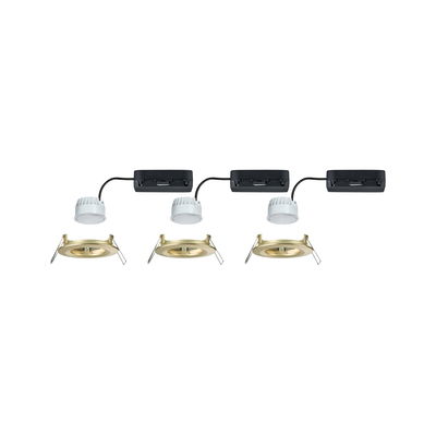 Drie gouden inbouwframes met witte LED-modules en zwarte aansluitdozen voor LED-inbouwspots