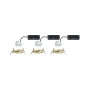 Three gold recessed frames with white LED modules and black connectors for LED downlights