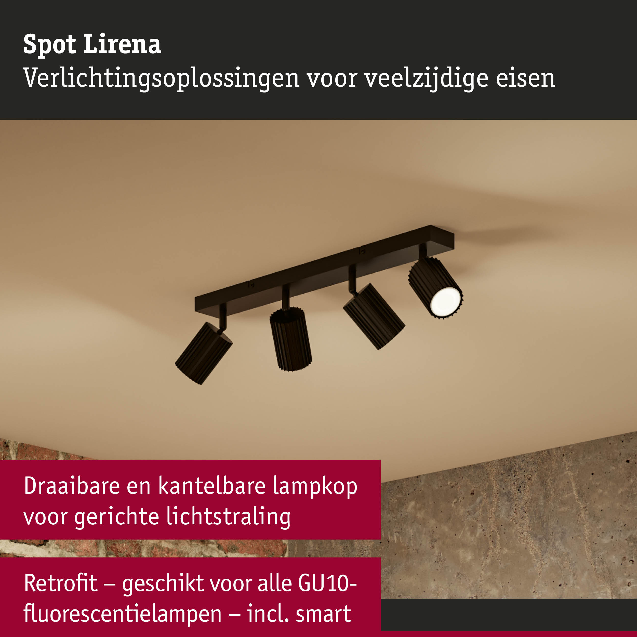 Zwarte metalen spot Lirena met vier verstelbare lampkoppen voor gerichte verlichting