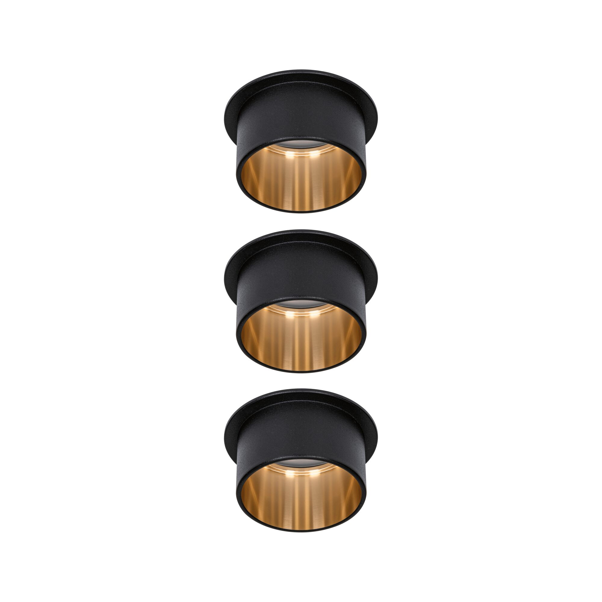 Drie ronde inbouwspots van zwart metaal met gouden binnenring voor moderne LED-verlichting