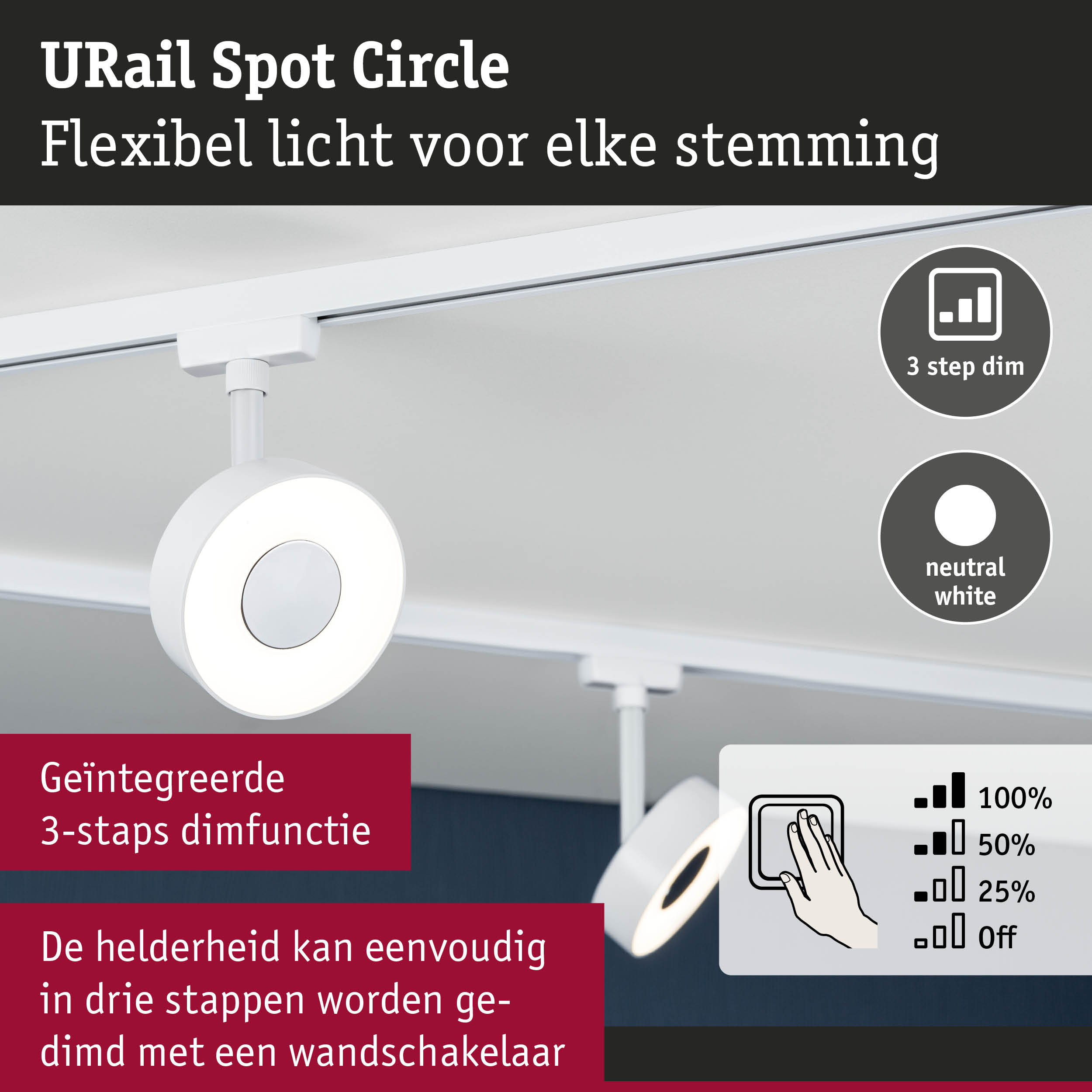 Witte URail Spot Circle LED-spot met 3-staps dimfunctie voor flexibele verlichting