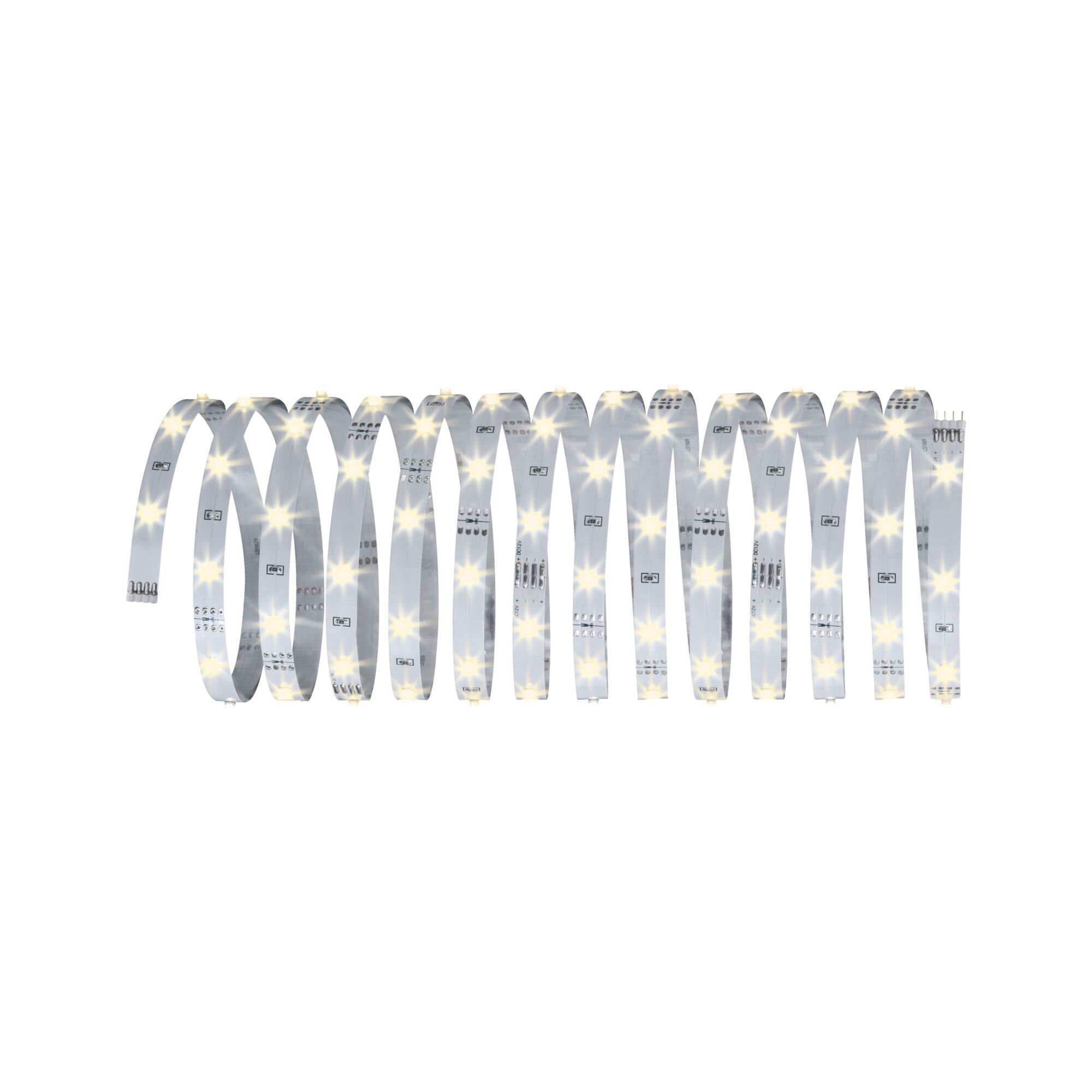 Flexible white LED strip with warm white lights for versatile lighting applications.