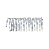 Flexible white LED strip with warm white lights for versatile lighting applications.