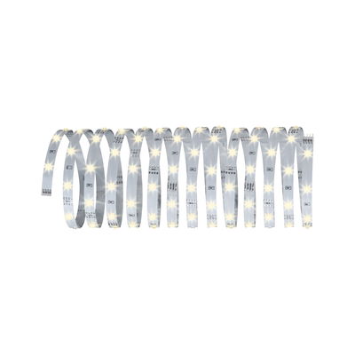 Flexible white LED strip with warm white lights for versatile lighting applications.