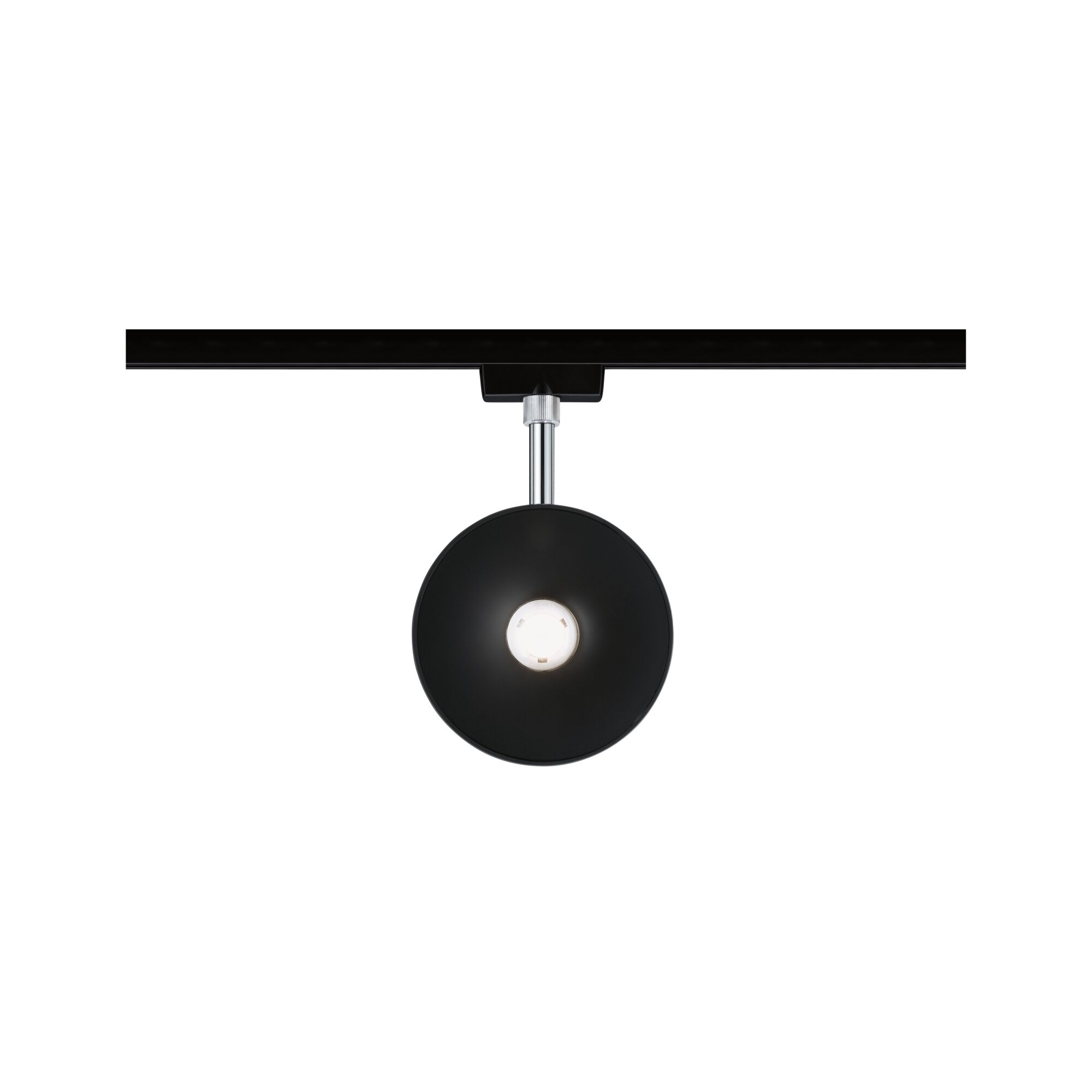 Schwarze LED-Schienenleuchte mit runder Leuchtfläche und silbernem Stab für moderne Innenbeleuchtung