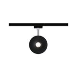 Schwarze LED-Schienenleuchte mit runder Leuchtfläche und silbernem Stab für moderne Innenbeleuchtung