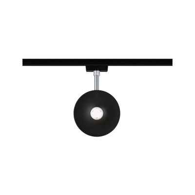 Schwarze LED-Schienenleuchte mit runder Leuchtfläche und silbernem Stab für moderne Innenbeleuchtung