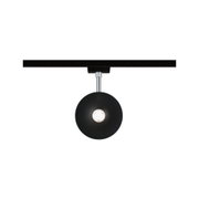 Black LED track light with round shade and silver rod for modern indoor lighting solutions