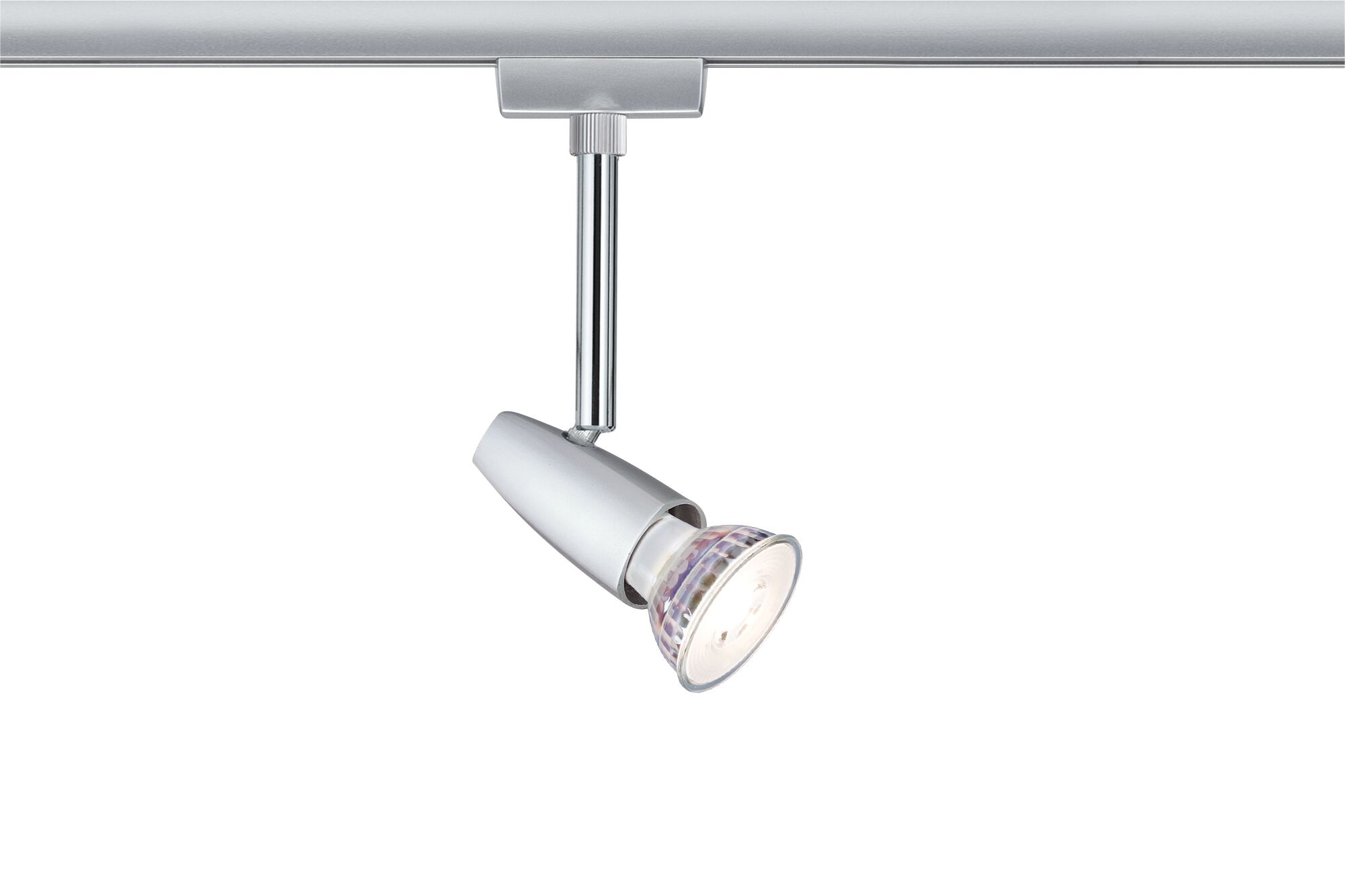 Moderner silberner LED-Strahler aus Metall an Schienensystem für flexible Raumbeleuchtung