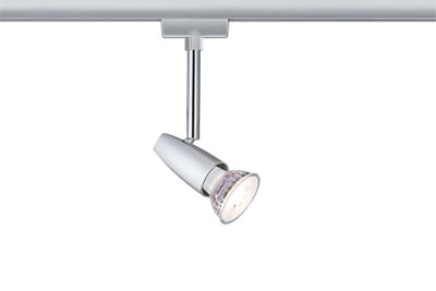 Moderner silberner LED-Strahler aus Metall an Schienensystem für flexible Raumbeleuchtung