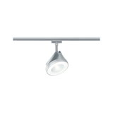 Moderner silberner LED-Spot aus Metall an Schienensystem für flexible Raumbeleuchtung