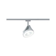 Moderner silberner LED-Spot aus Metall an Schienensystem für flexible Raumbeleuchtung