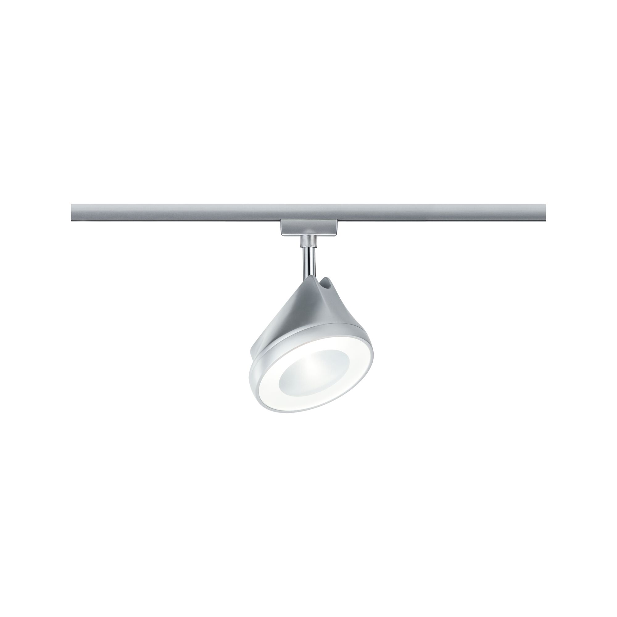 Moderner silberner LED-Spot aus Metall an Schienensystem für flexible Raumbeleuchtung